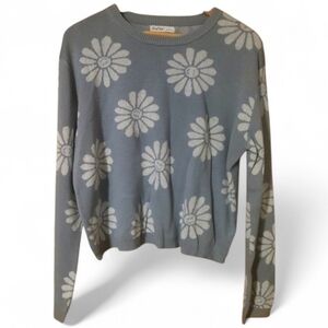 NWOT ASTER Blue Flower Smiley Face Pullover Sweater - Large